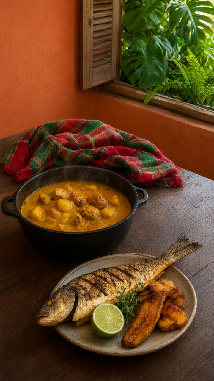 Colombo en cocotte, poisson grillé et bananes plantain
