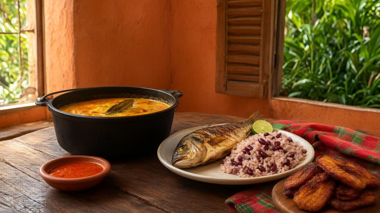 Poisson grillé au citron vert, riz aux haricots rouges et colombo en cocotte