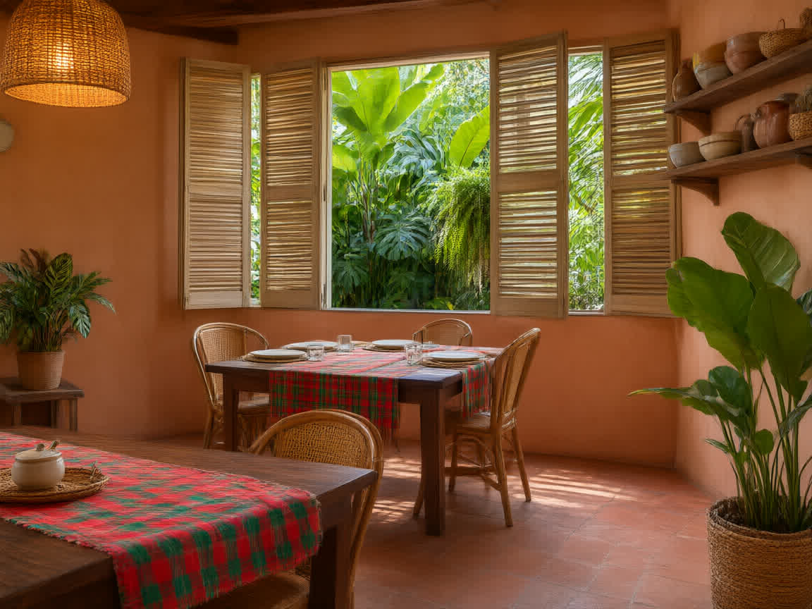 Salle du restaurant avec ses tables en bois, nappes madras et volets ouverts sur le jardin